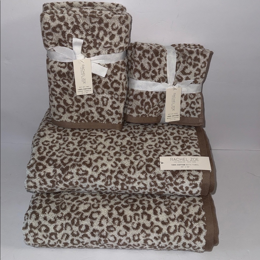 NWT Rachel Zoe 8 Piece 100% Cotton Bath Towel Set Brown Leopard Animal Print
